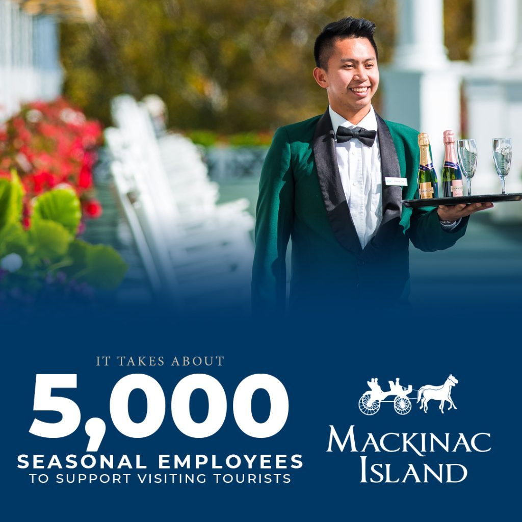 Photo of Mackinac Island waiter with text saying it takes 5,000 seasonal employees to support visiting tourists