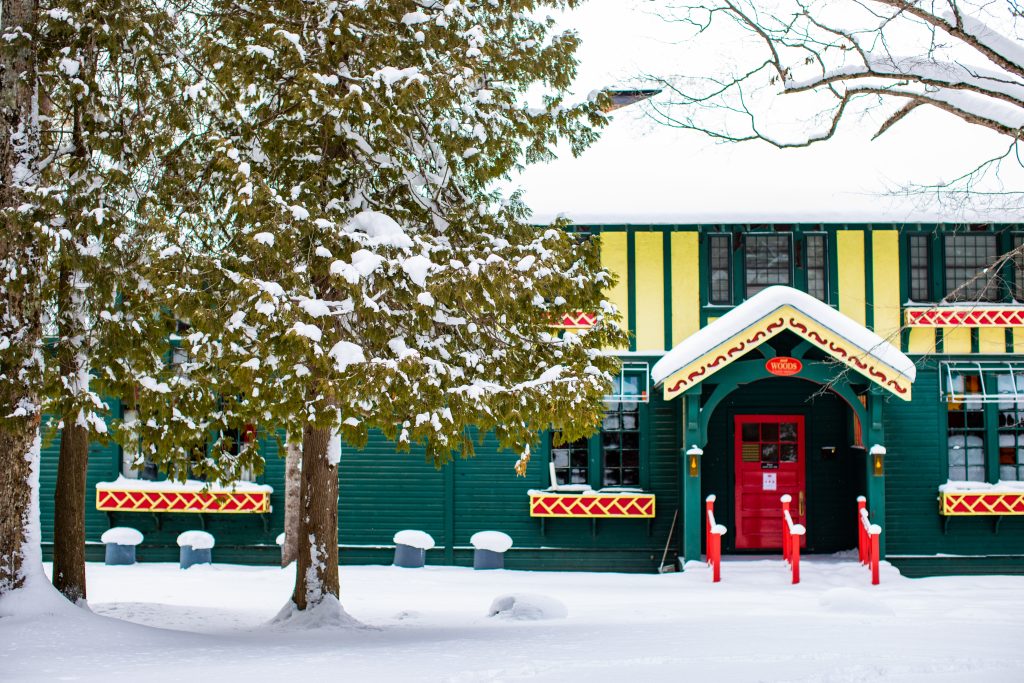 The Woods restaurant on Mackinac Island is closed in winter and covered in snow