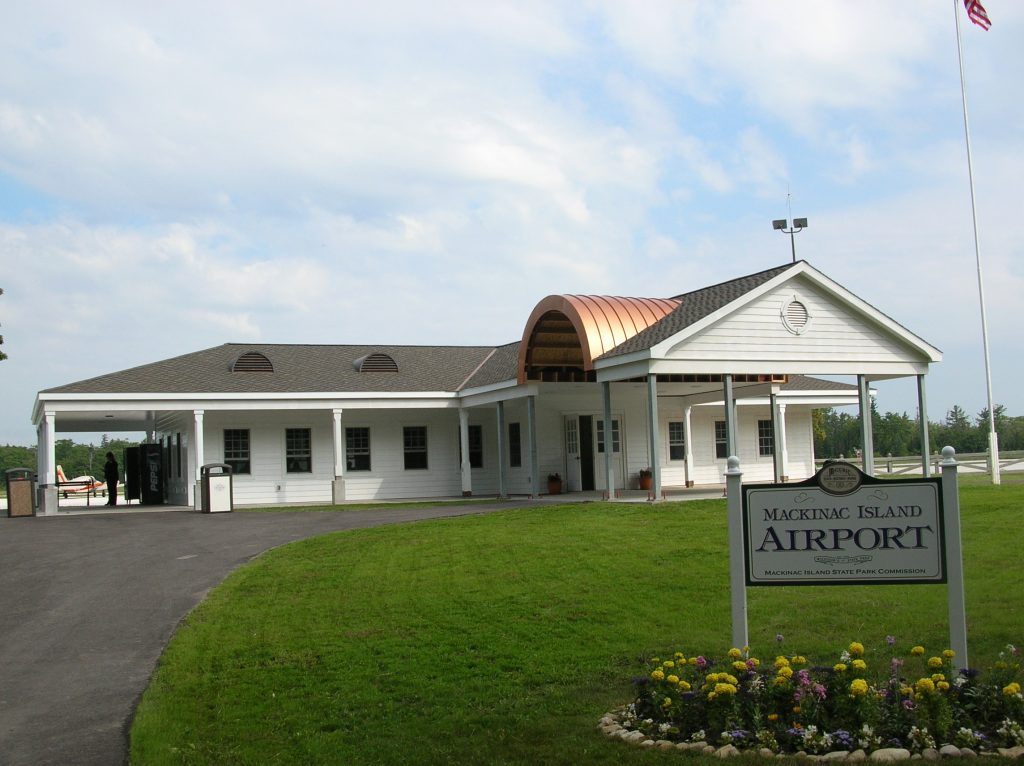 Exterior of Mackinac Island Airport is two miles north of downtown and accessible by horse-drawn taxi.