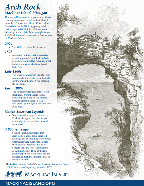 Infographic with pencil drawing of Arch Rock and history from modern day going back thousands of years