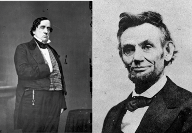 Black and white portraits of Lewis Cass and Abraham Lincoln