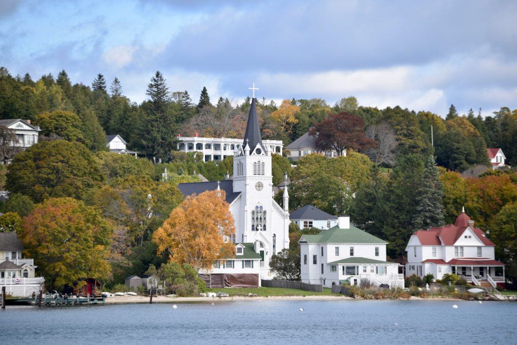 Fall color surrounds Ste. Anne's Church on Mackinac Island