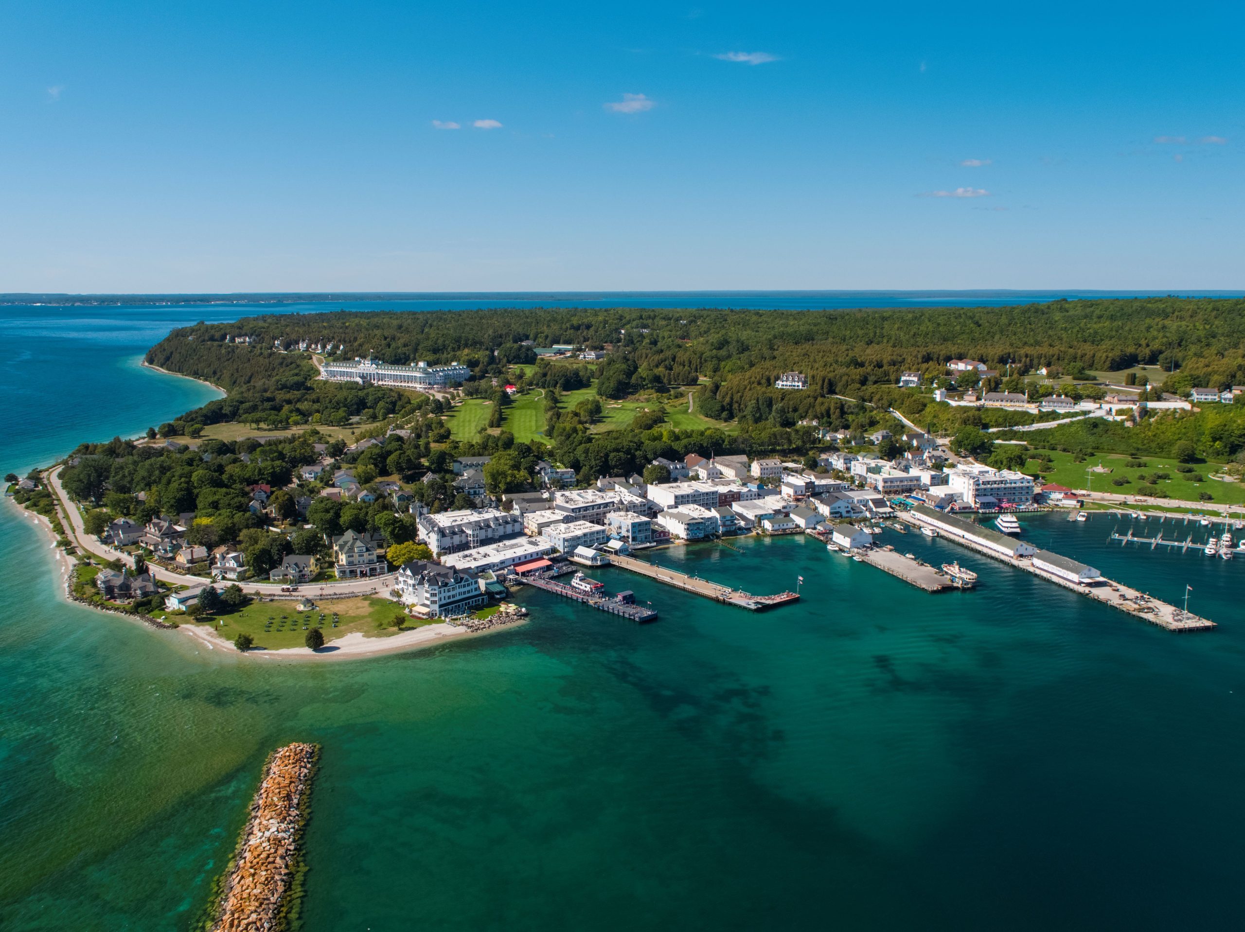 Aerial view of downtown Mackinac Island on a beautiful sunny day