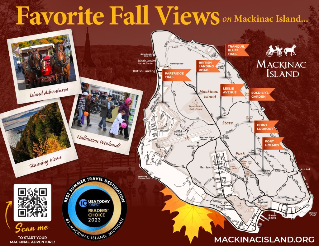 Infographic with map of Mackinac Island showing seven locations for spectacular fall colors