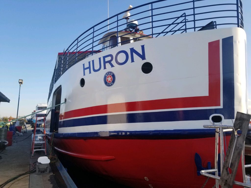  Mackinac Island Ferry Company’s Huron boat sits at the Mackinac Island ferry dock 