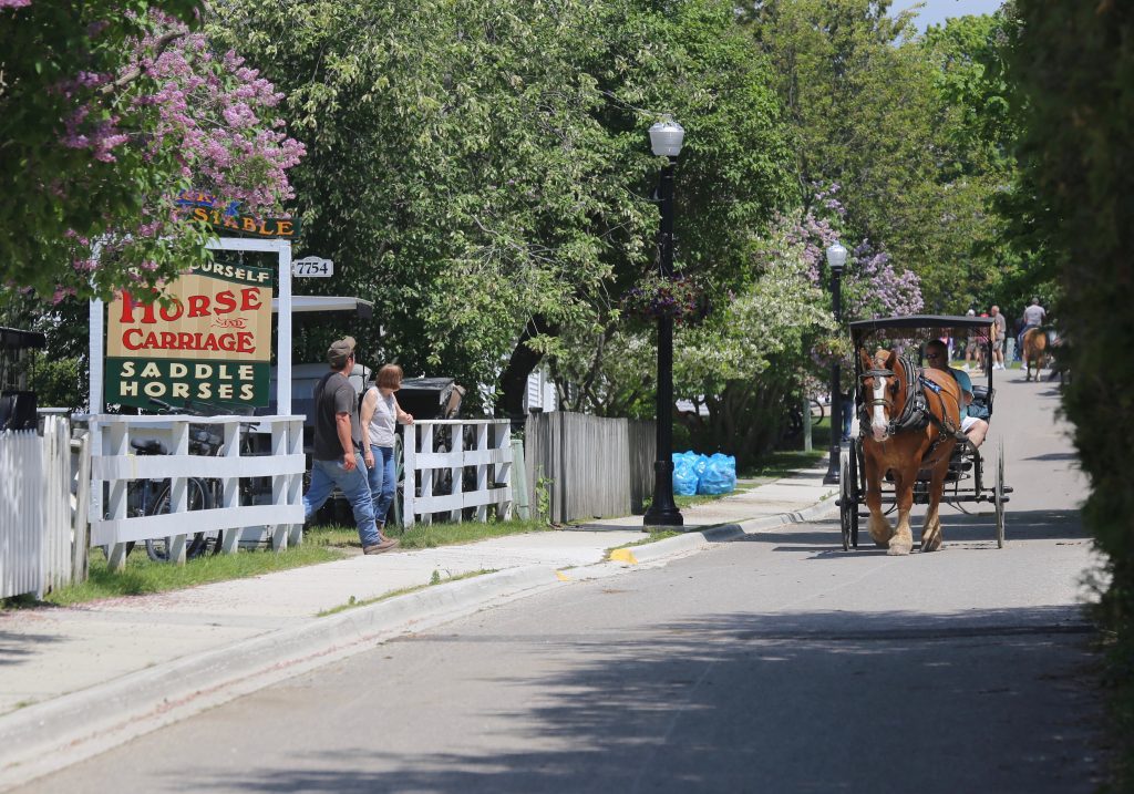 A drive-it-yourself horse carriage goes past a Jack's Livery Stable sign while lilacs are in bloom on Mackinac Island