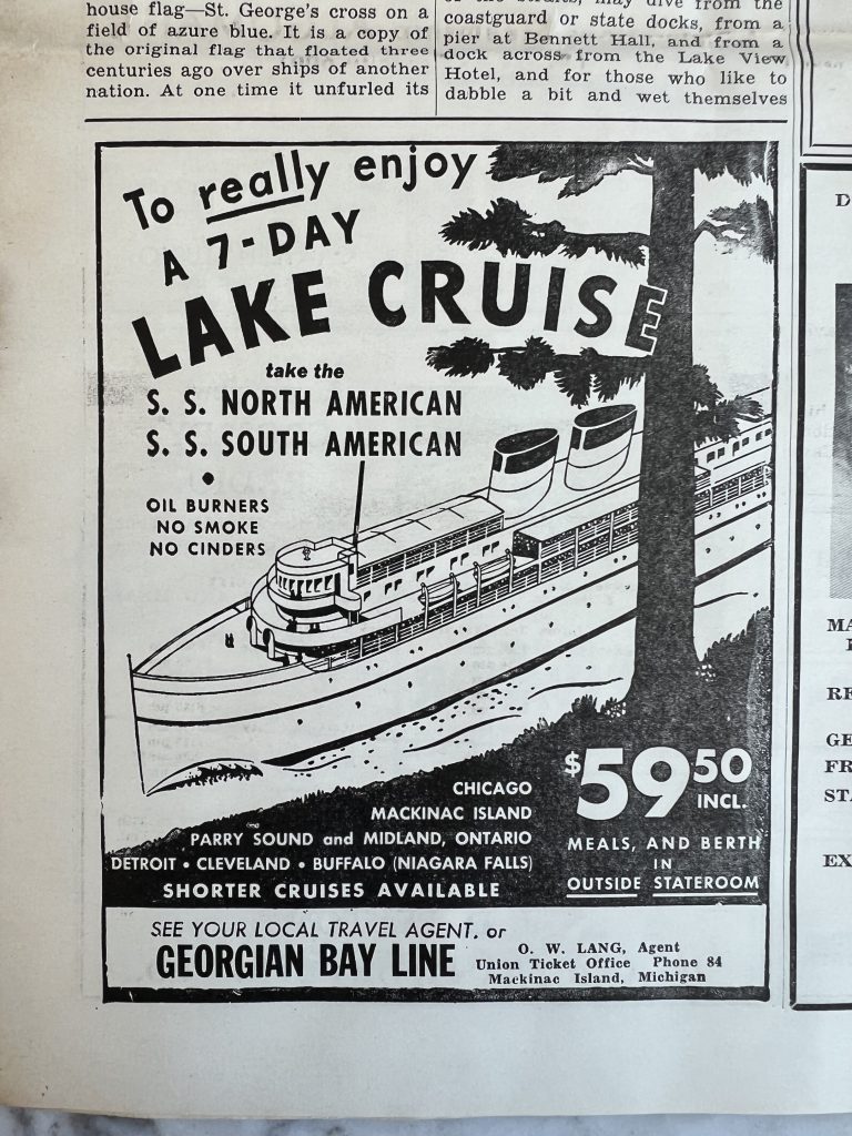 An old newspaper ad for a 7-day Lake Cruise with stop at Mackinac Island for $59
