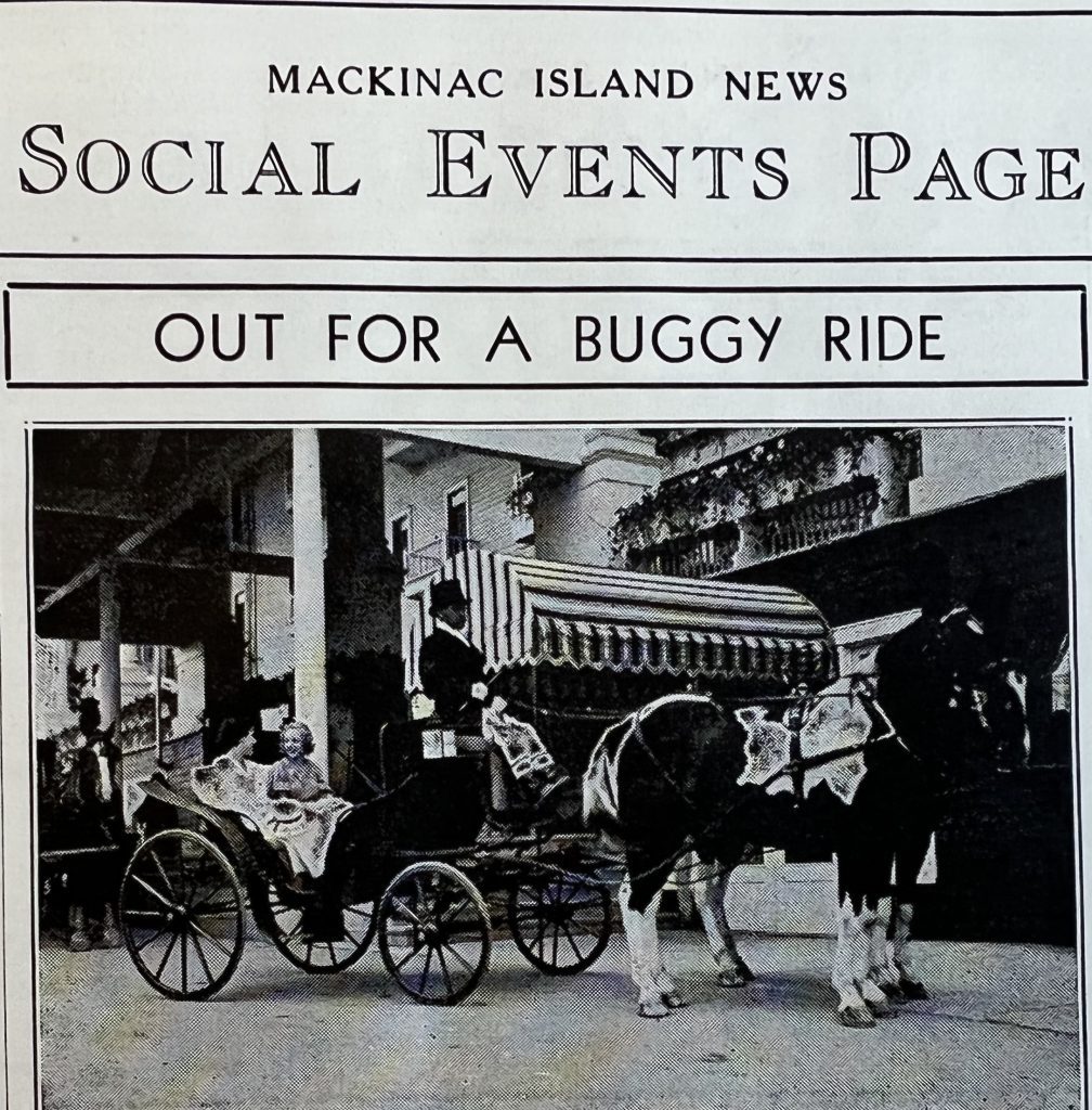 The Social Events Page of an old Mackinac Island newspaper features a photo of a horse-drawn carriage outside Grand Hotel