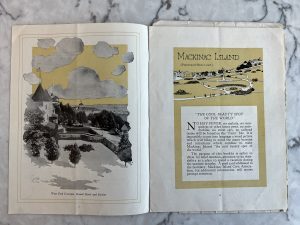 Two pages of an old pamphlet hailing Mackinac Island as "the cool beauty spot of the world"