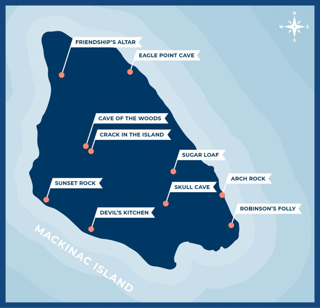 Silhouetted map of Mackinac Island showing the locations of 10 of the most popular rock formations