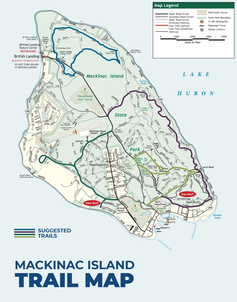 Map of Mackinac Island with four suggested hiking trails highlighted in different colors