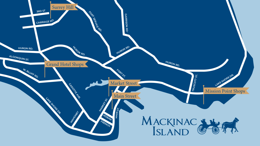 Infographic with a map showing the locations of five shopping areas on Mackinac Island
