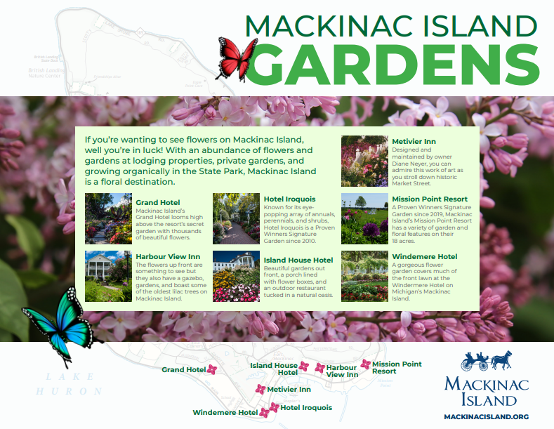 Infographic with a map showing the locations of seven public flower gardens at Mackinac Island hotels