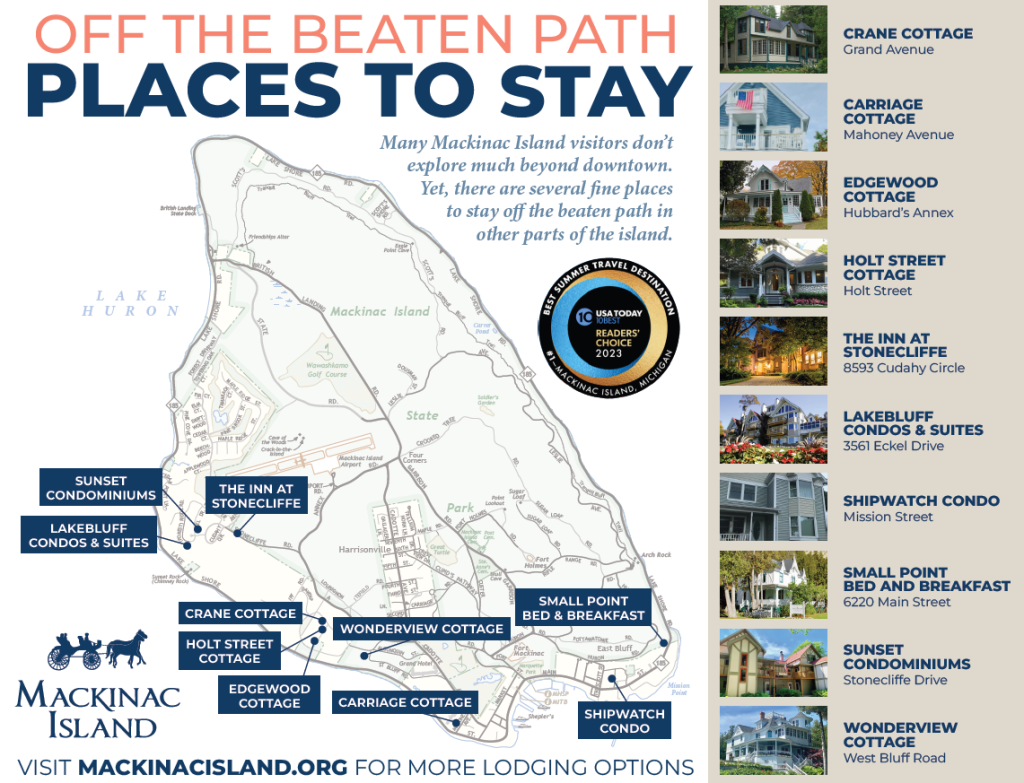 Map of Mackinac Island highlighting several places to stay off the beaten path away from downtown