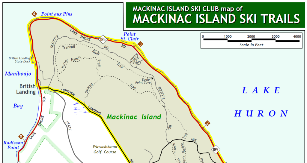 Excerpt of a Mackinac Island Ski Club map of Mackinac Island Ski Trails groomed for cross-country skiing in winter