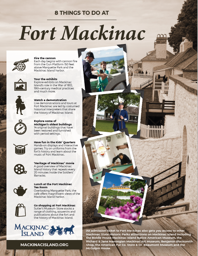 A photo illustration showing images of Mackinac Island's historic Fort Mackinac and a list of things to do there