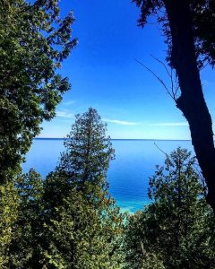 View Partially Obscured by Trees of Calm Waters Surrounding Mackinac Island 