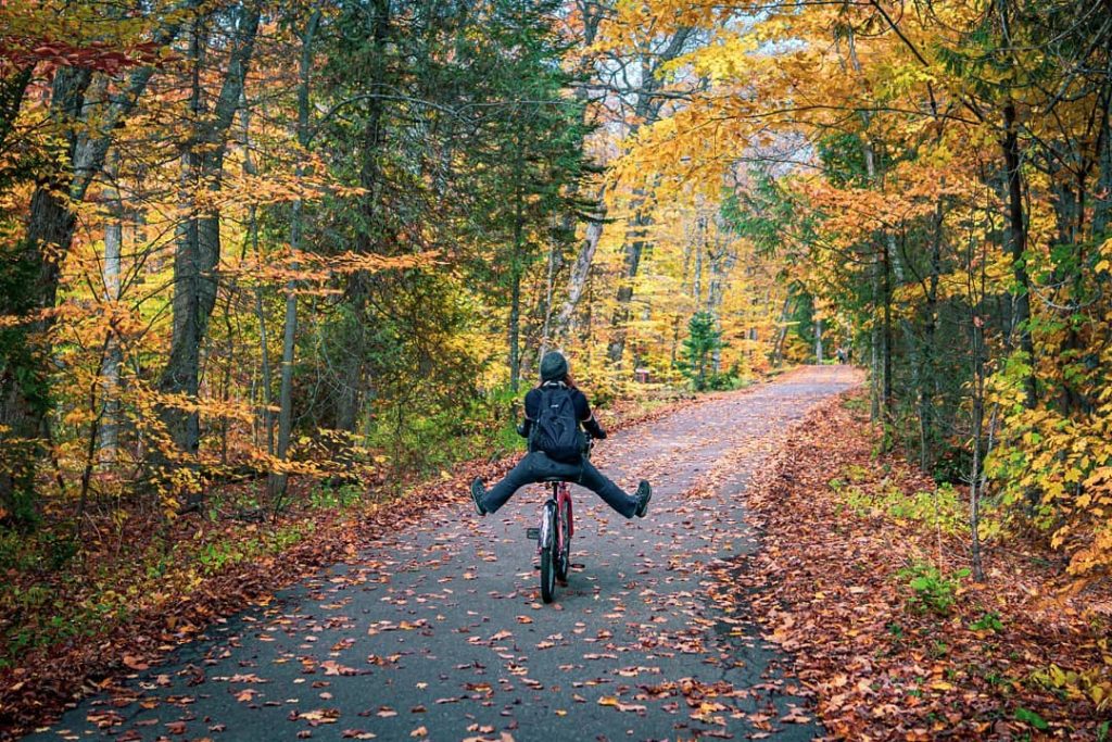 A person riding a bicycle has their feet out wide off the pedals while cruising through a forest of fall color on Mackinac Island