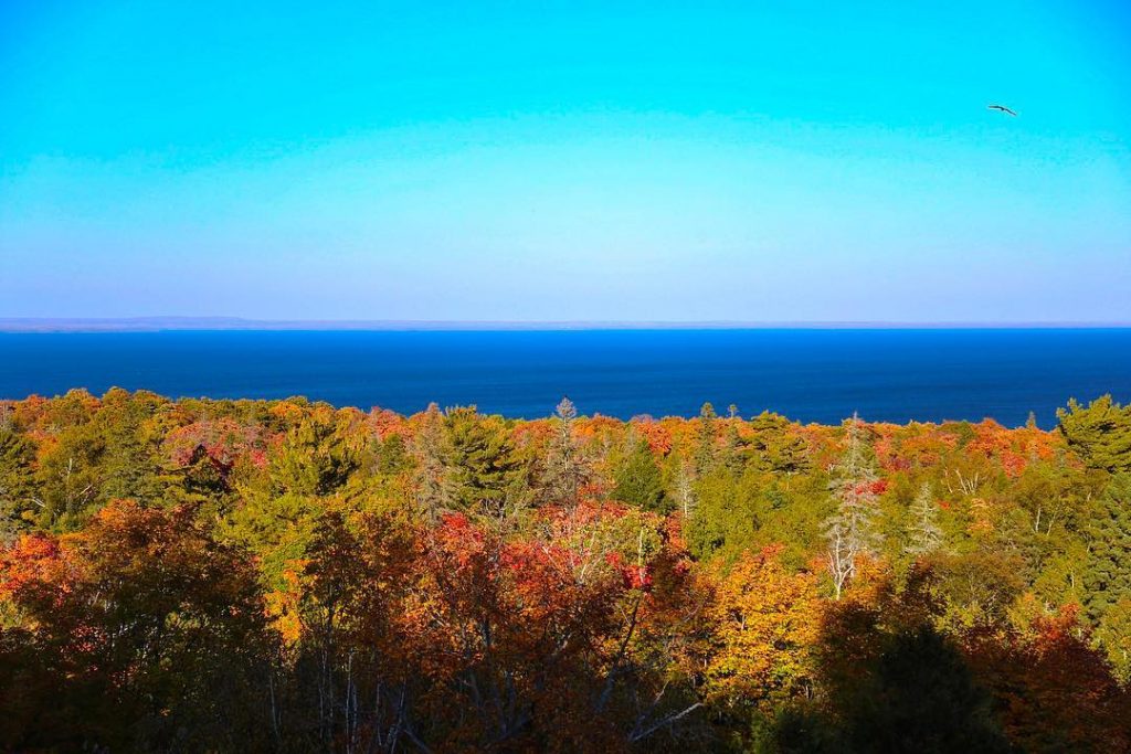 Trees of Mackinac Island Turning Colors for Fall Overlooking the Lake
