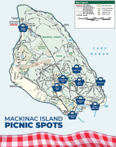 Map of Mackinac Island showing nine lovely picnic spots both along the water and inland