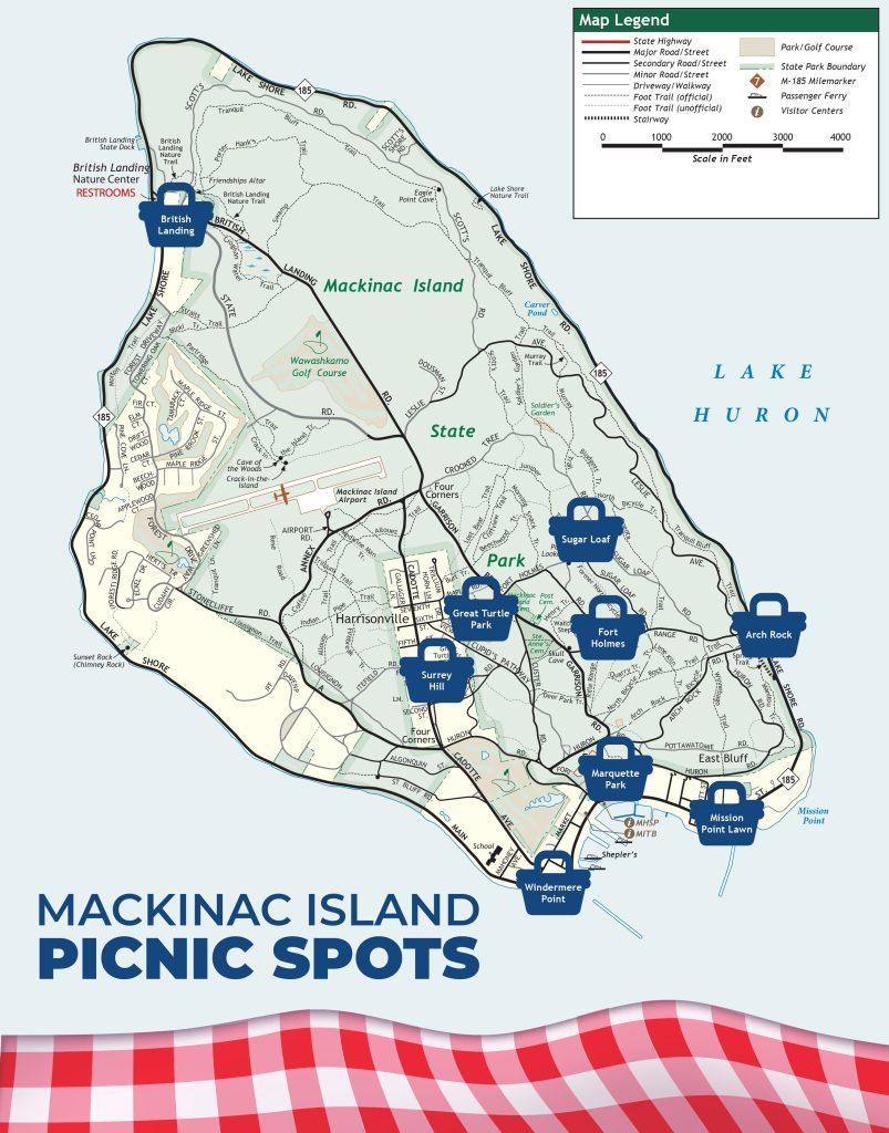 A map of Mackinac Island with nine recommended picnic locations highlighted