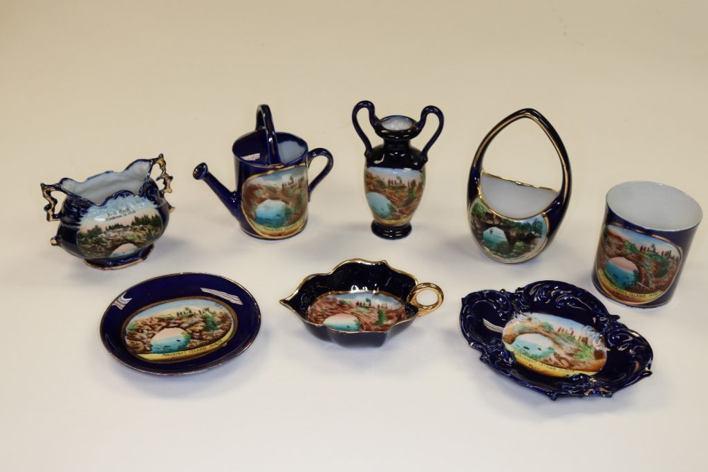 An exhibit of 19th century souvenir china in the Richard & Jane Manoogian Mackinac Art Museum
