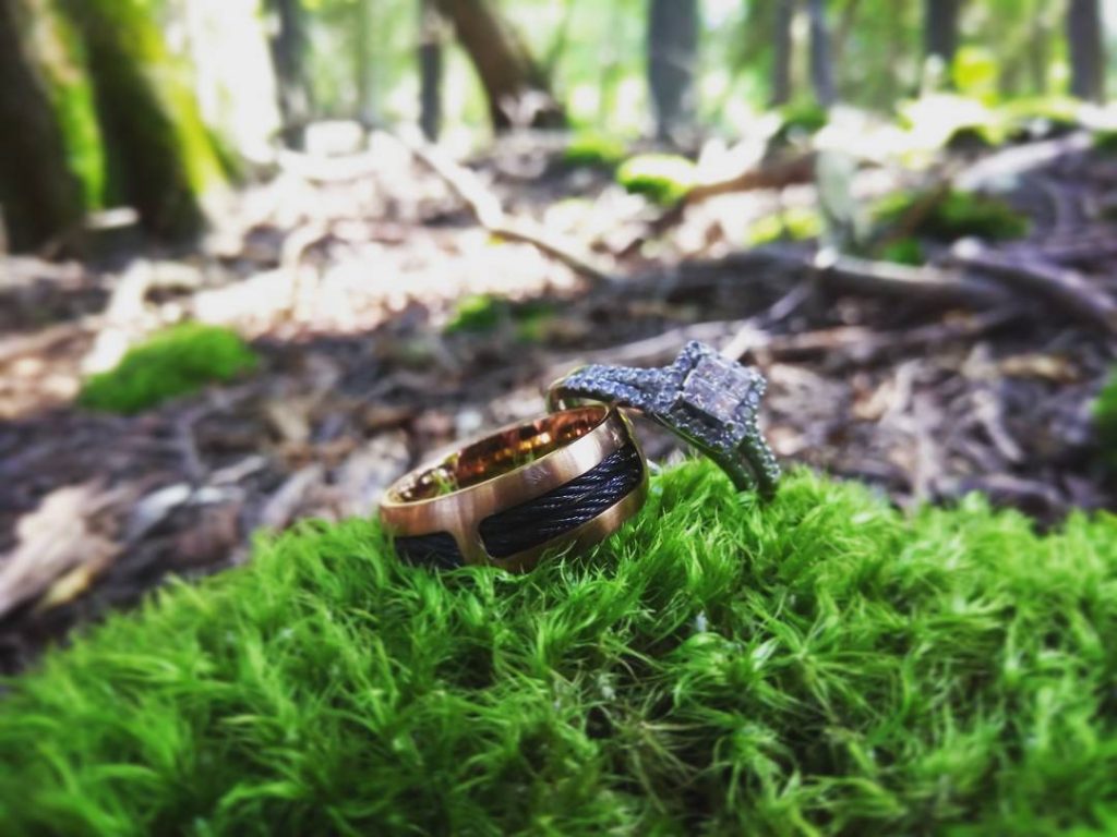 Pair of Engagement Rings Lying Together on Grass Off of Hiking Path on Mackinac Island