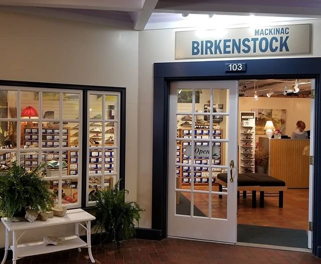 The exterior of Mackinac Birkenstock store on Michigan's Mackinac Island